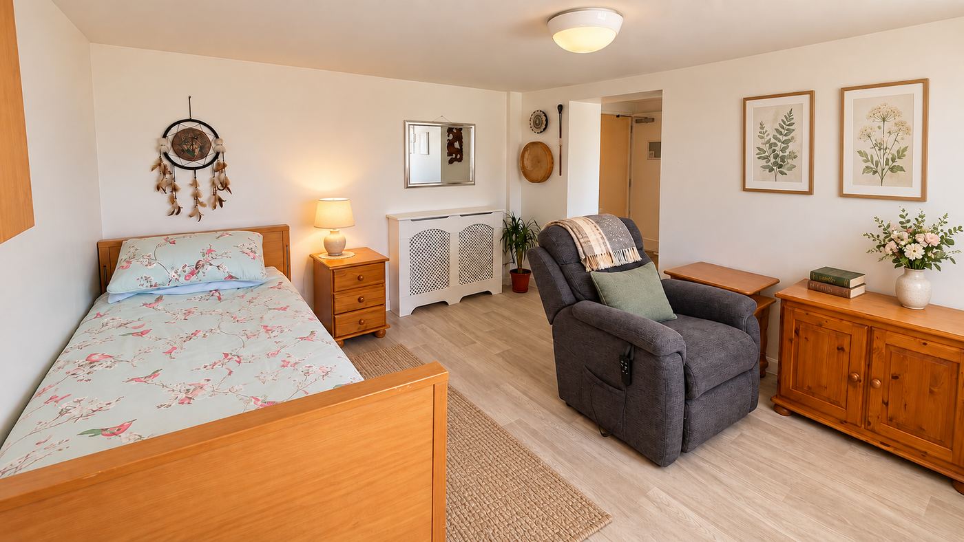 A resident&rsquo;s room at Higher Park Lodge, with a single bed, a riser recliner chair, wooden furniture and pictures on the walls.