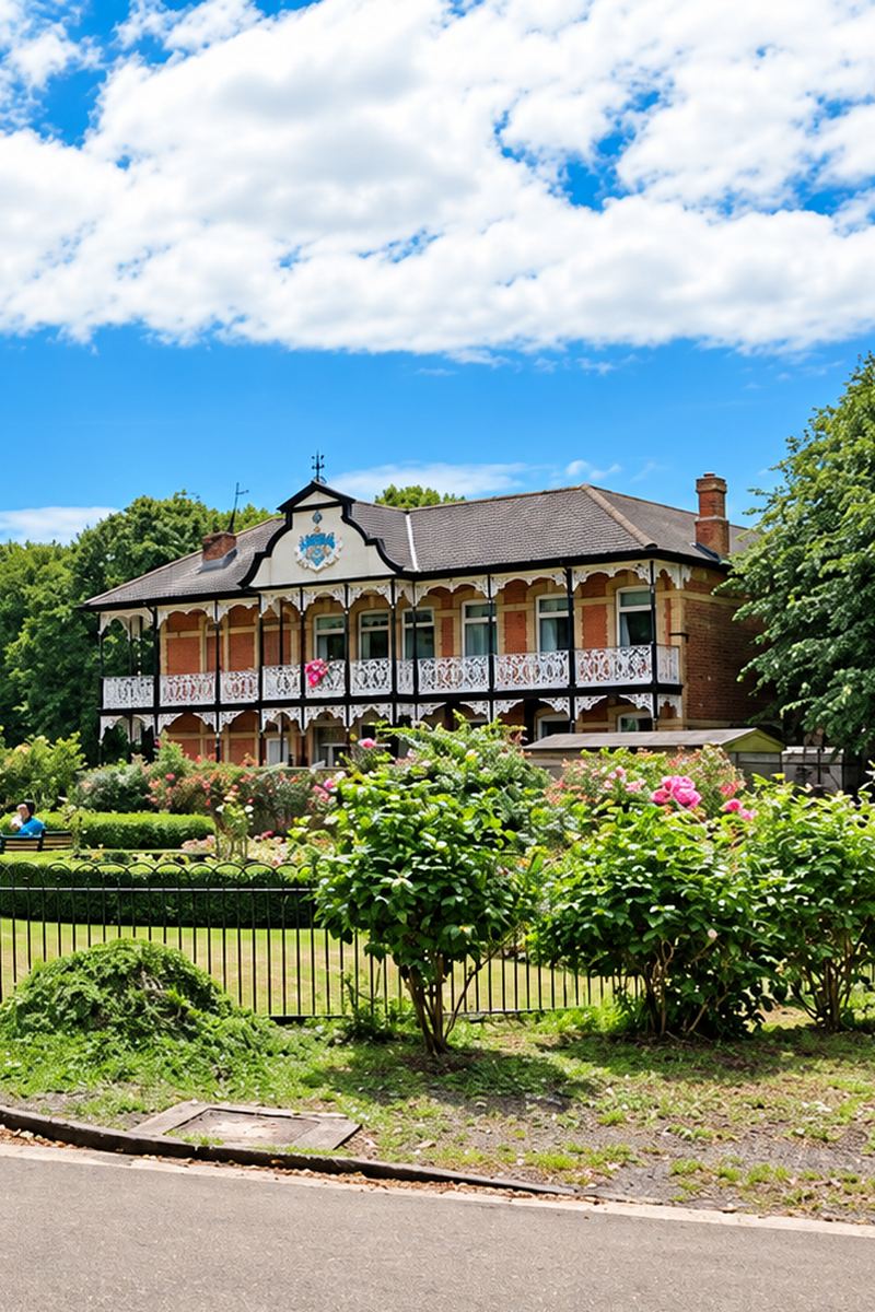 Higher Park Lodge seen from the park gardens, with its crest on the central gable and white cast-iron verandahs along both floors.