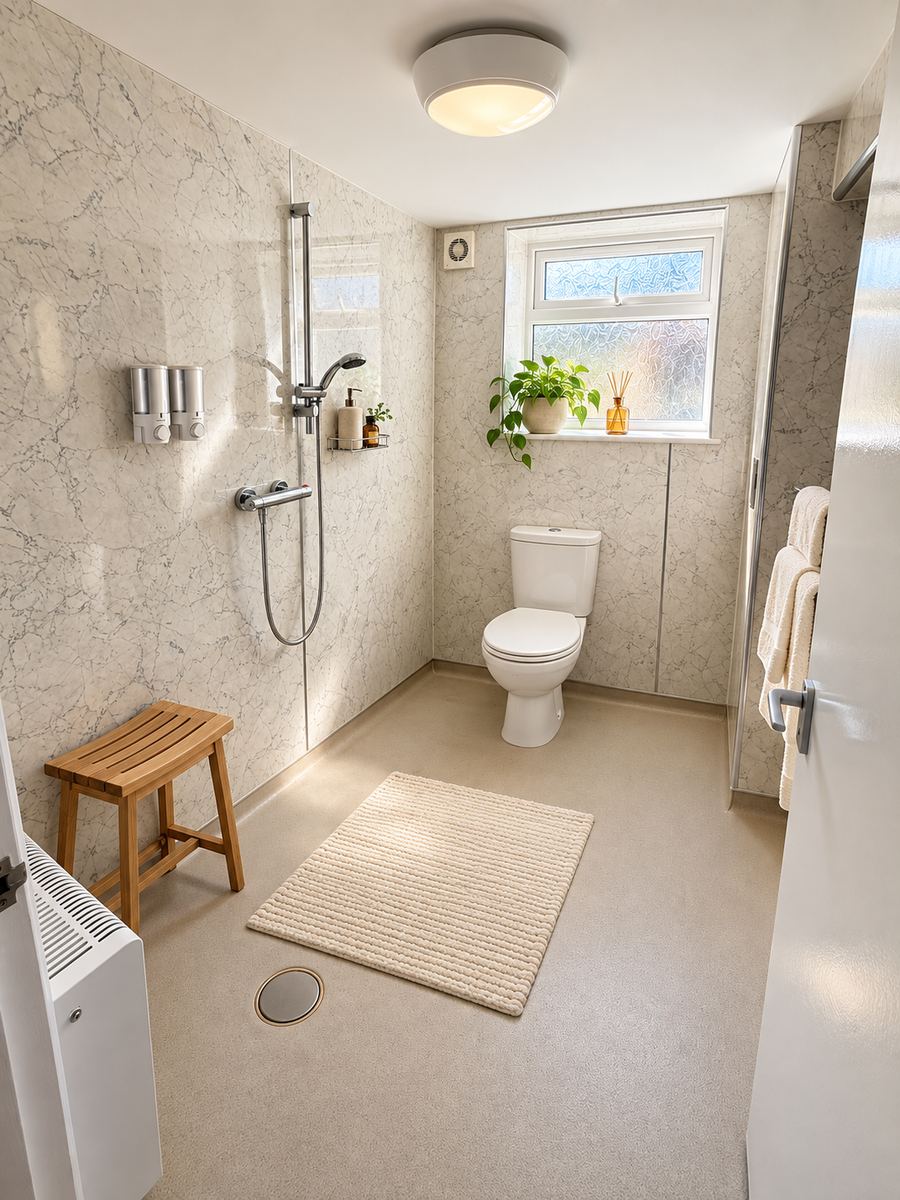An ensuite wet room with a walk-in shower, a seat, a toilet and a window.